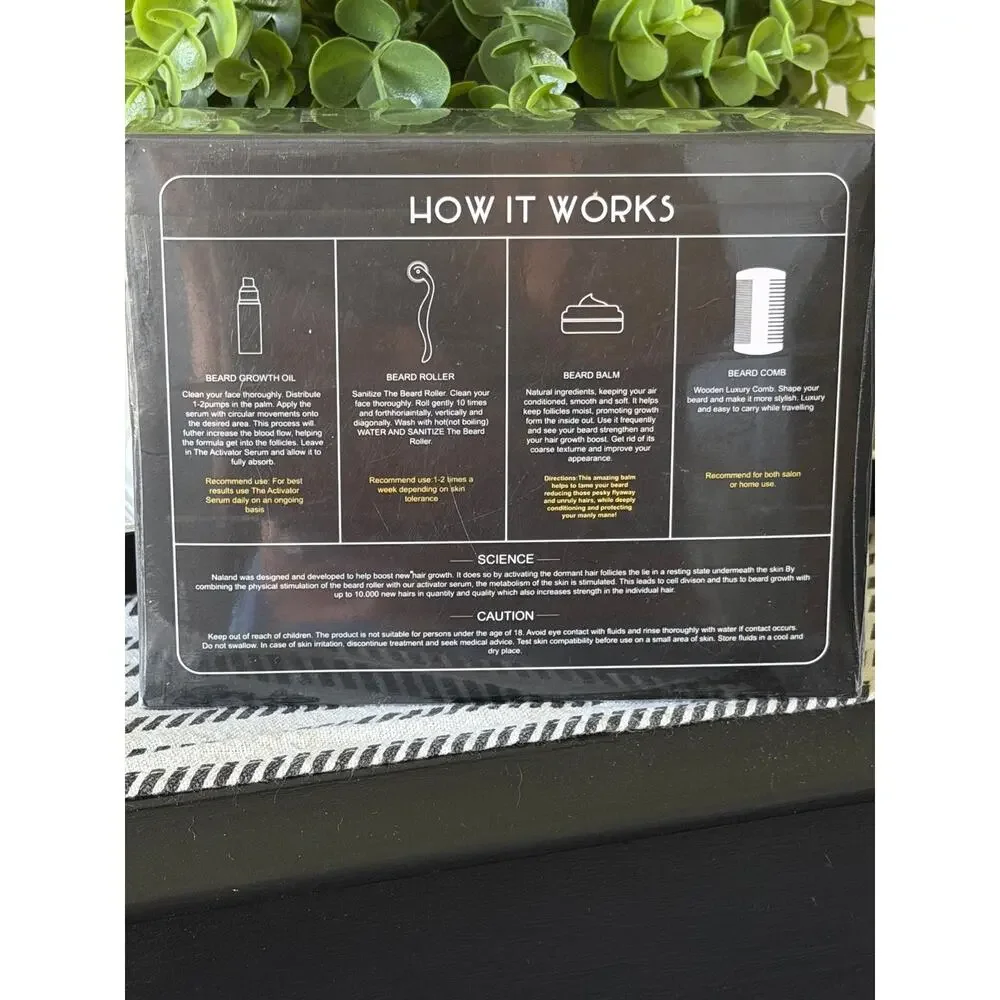 Naland Beard Growth Kit Men Beard Oil Balm Derma Roller Comb New Sealed